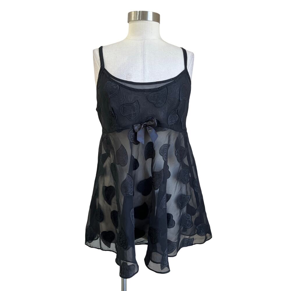 Vintage Sheer Heart Mini Dress Black Mesh Size M Whimsigoth Y2K Babydoll
